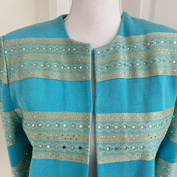 Vintage Y2K St. John Collection Turquoise Sequin Knit Crop Blazer Pants Set Size - Picture 4 of 16